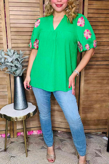 Flower embroidery green crepe fabric lantern short sleeve women top XCH16346