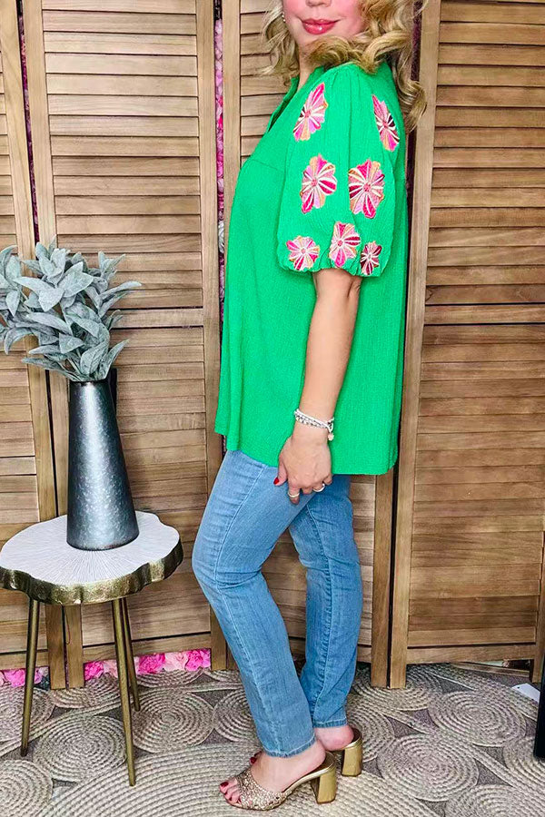 Flower embroidery green crepe fabric lantern short sleeve women top XCH16346