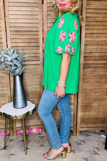Flower embroidery green crepe fabric lantern short sleeve women top XCH16346
