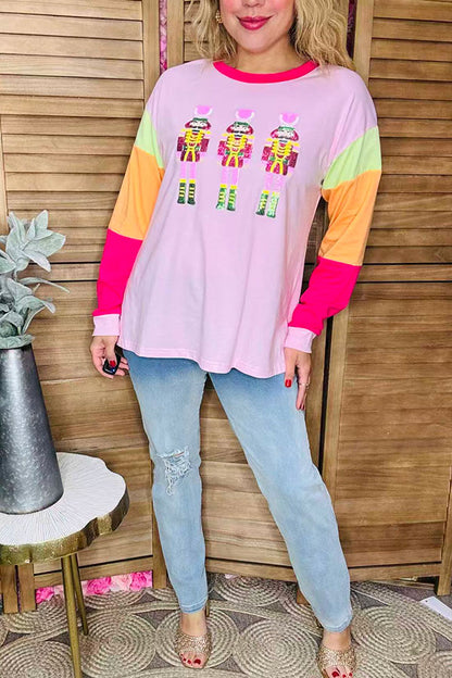 Plus size sequin Nutcracker round neck pink long sleeve women top XCH16401
