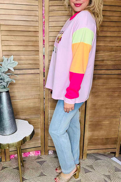 Plus size sequin Nutcracker round neck pink long sleeve women top XCH16401