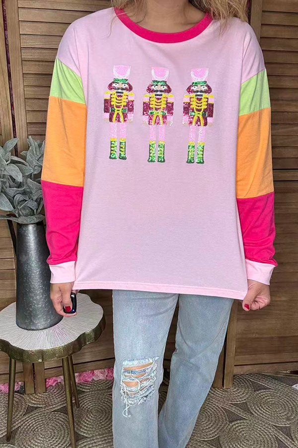 Plus size sequin Nutcracker round neck pink long sleeve women top XCH16401