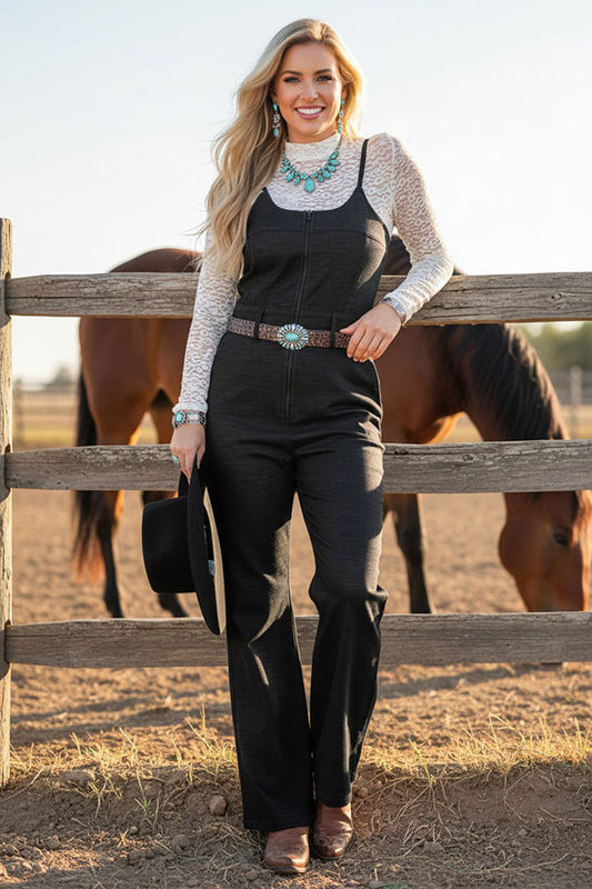 Western black denim wide leg women's boutique jumpsuit Southern Stitch XCH16404