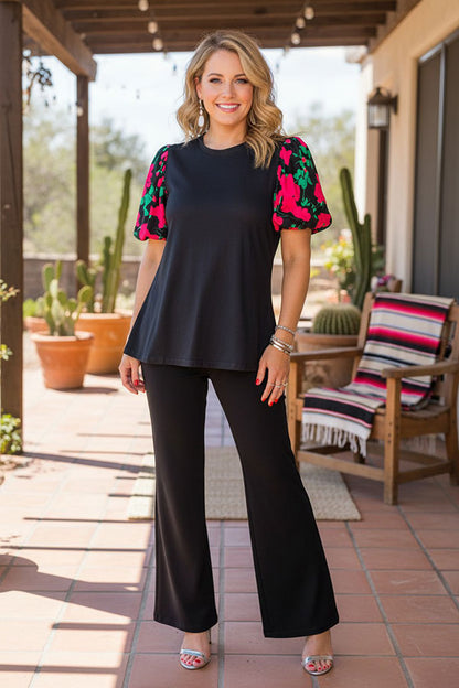 Chich puff lantern short sleeve black women's boutique top GJQ16458