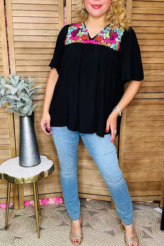 Floral embroidery black ragon bell short sleeve women top XCH16506