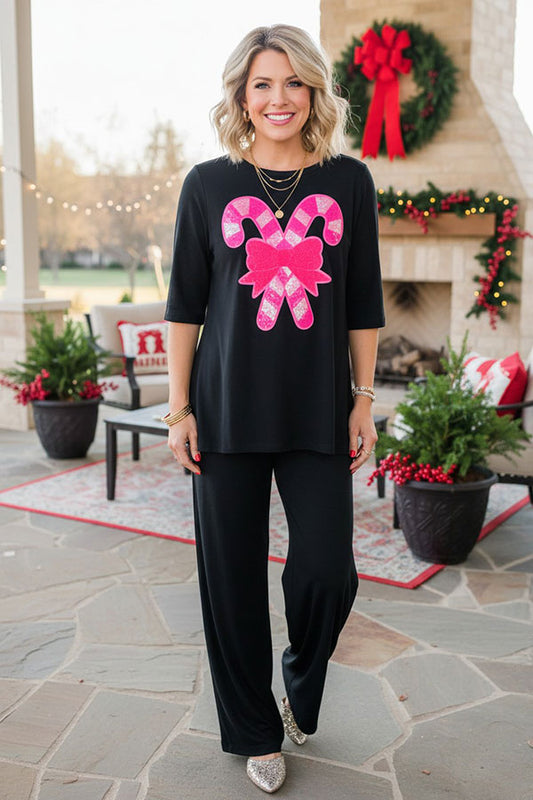 Christmas pink sequin candy cane patch black short sleeve women t-shirt XCH16542