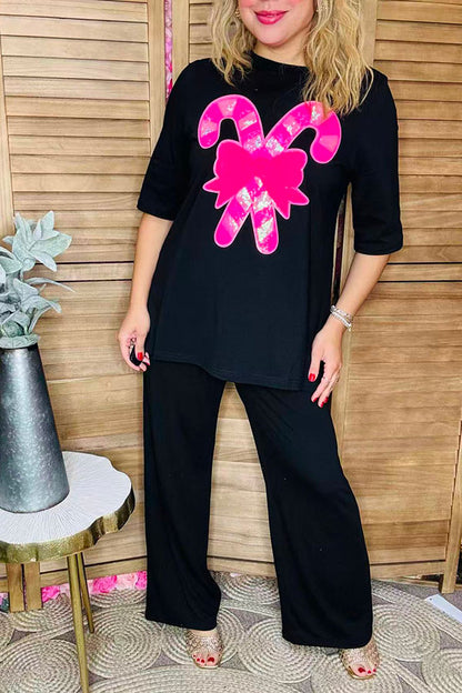 Pink sequin candy cane patch black short sleeve women t-shirt XCH16542