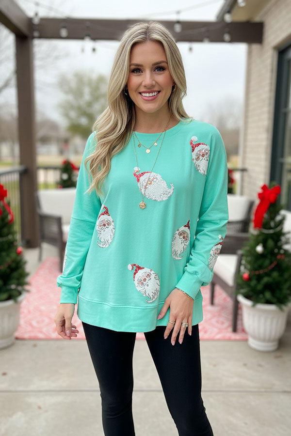 Christmas sequin santa pacth turqupoise long sleeve women blouse w/slit XCH16547