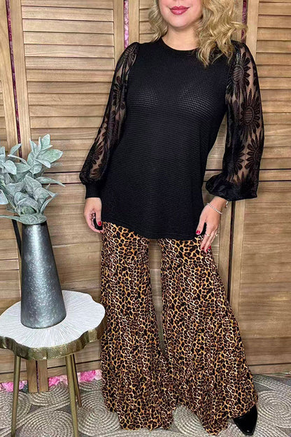 Plus size knitted black & lace long sleeve women blouse XCH16551