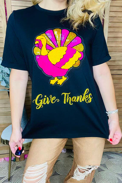 Western "give thanks" sequin turkey embroidery boutique women's top XCH16560