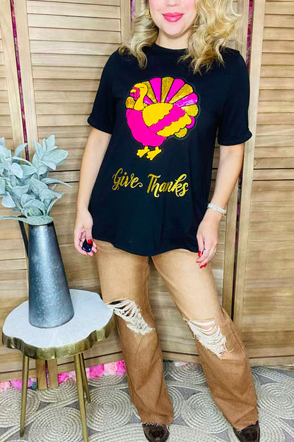 Western "give thanks" sequin turkey embroidery boutique women's top XCH16560