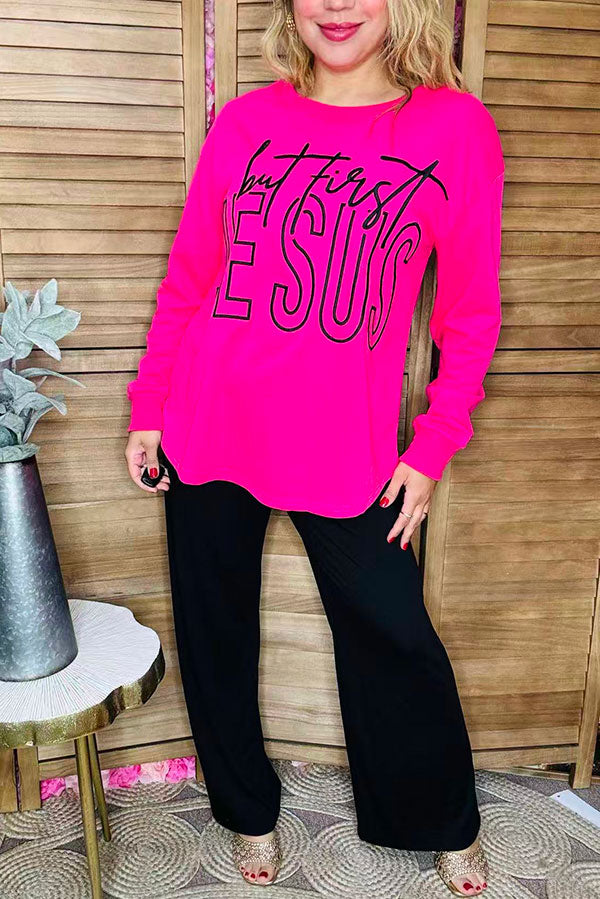 "but first JESUS"  embroidery Christmas hot pink long sleeve women sweatshirt XCH16561