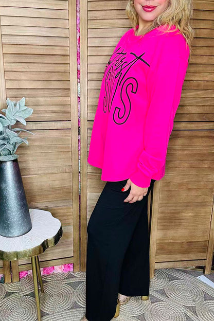 "but first JESUS"  embroidery Christmas hot pink long sleeve women sweatshirt XCH16561