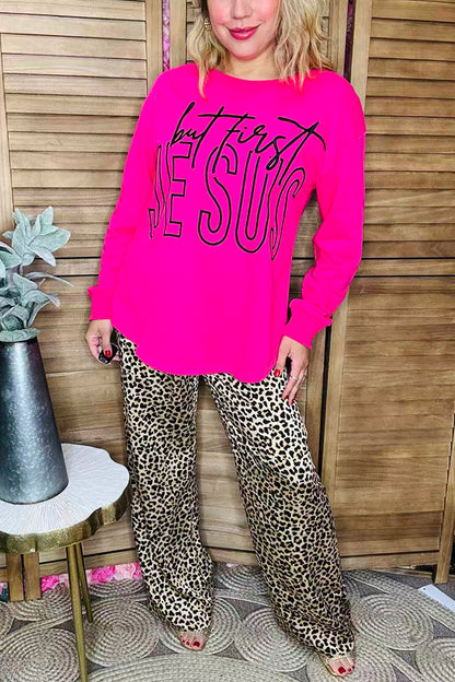"but first JESUS"  embroidery Christmas hot pink long sleeve women sweatshirt XCH16561