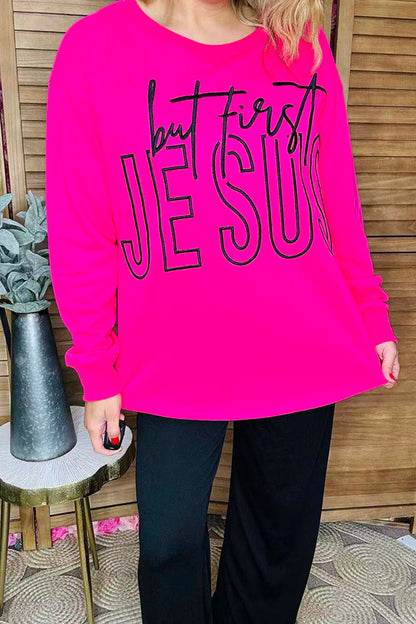 "but first JESUS"  embroidery Christmas hot pink long sleeve women sweatshirt XCH16561
