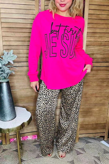 "but first JESUS"  embroidery Christmas hot pink long sleeve women sweatshirt XCH16561