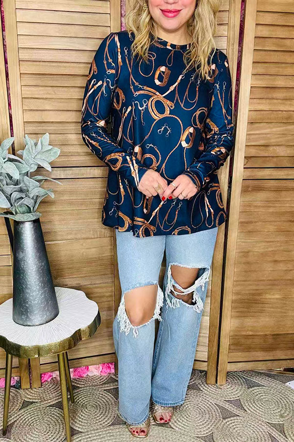 Gold bridle printed navy long sleeve crew women blouse XCH16568
