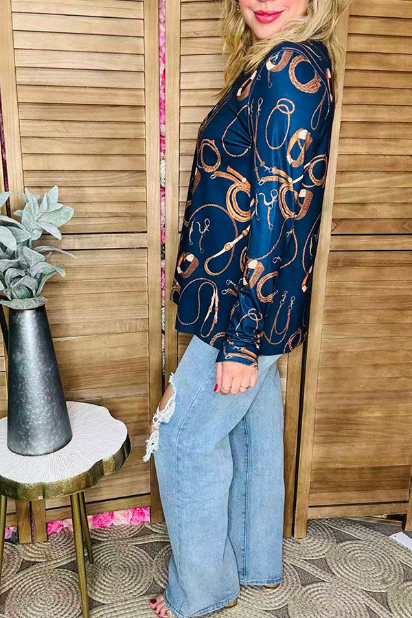 Gold bridle printed navy long sleeve crew women blouse XCH16568