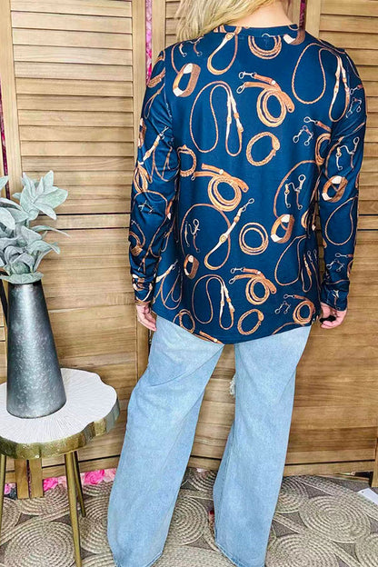 Gold bridle printed navy long sleeve crew women blouse XCH16568