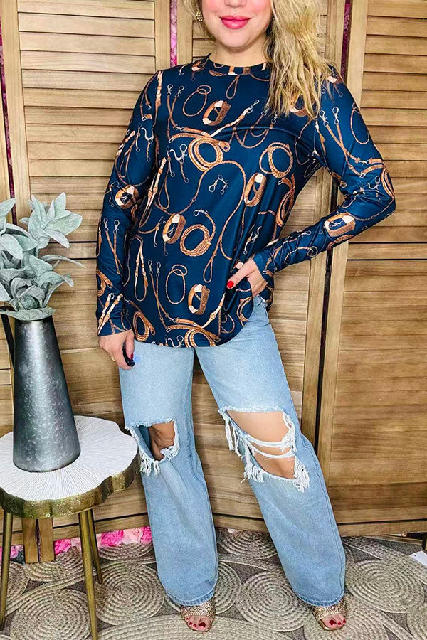 Gold bridle printed navy long sleeve crew women blouse XCH16568