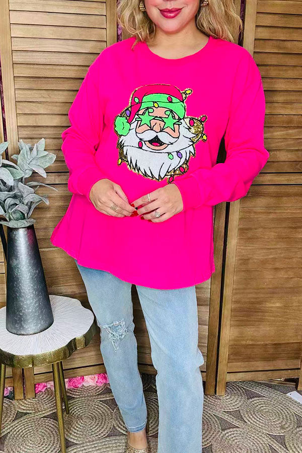 Plus size Gold glitter Santa embroidery hot pink long sleeve women sweatshirt XCH16590