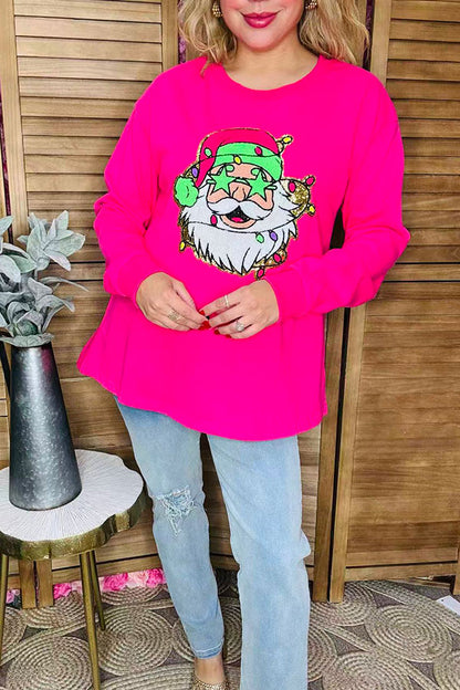 Plus size Gold glitter Santa embroidery hot pink long sleeve women sweatshirt XCH16590