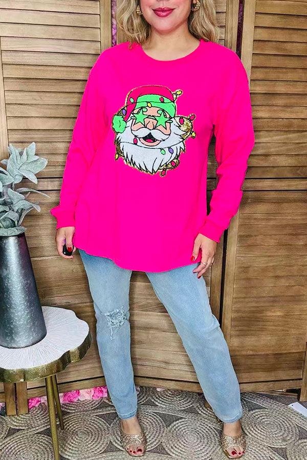 Plus size Gold glitter Santa embroidery hot pink long sleeve women sweatshirt XCH16590