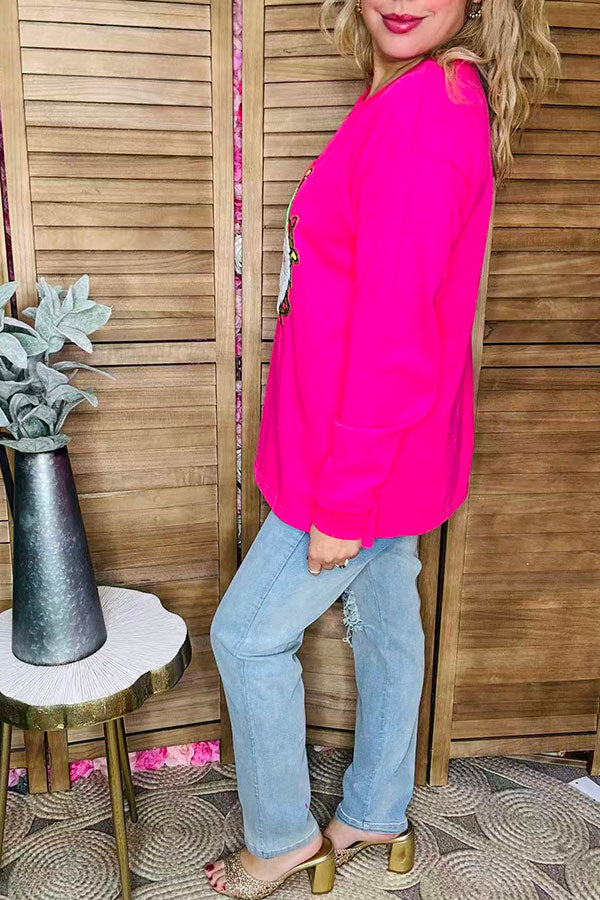 Plus size Gold glitter Santa embroidery hot pink long sleeve women sweatshirt XCH16590