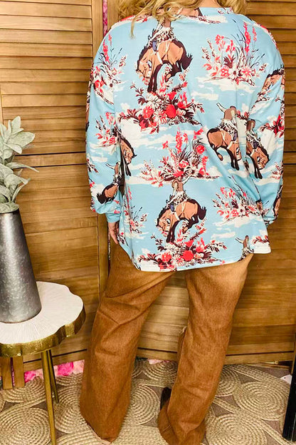 Wild west horse riding printed blue long sleeve women blouse XCH16597