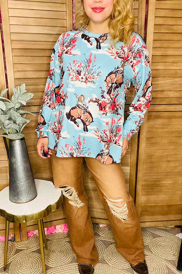 Wild west horse riding printed blue long sleeve women blouse XCH16597