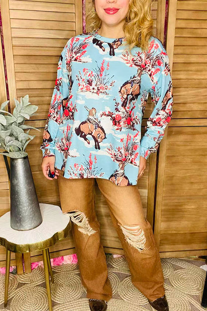 Wild west horse riding printed blue long sleeve women blouse XCH16597