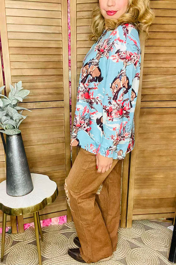 Wild west horse riding printed blue long sleeve women blouse XCH16597