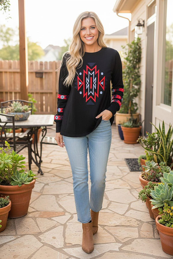 Western aztec embroidery black women's boutique top Southern Stitch XCH16631