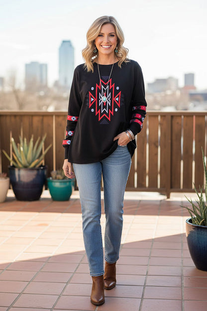Western aztec embroidery black women's boutique top Southern Stitch XCH16631