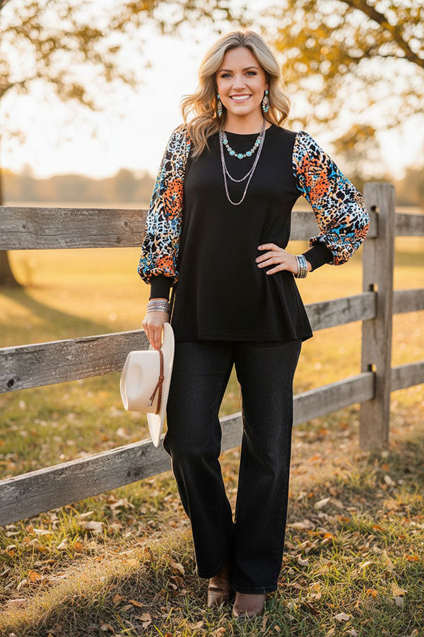 Western leopard long sleeve knit black women's boutique blouse XCH16655