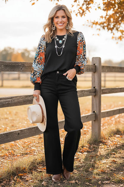 Western leopard long sleeve knit black women's boutique blouse XCH16655