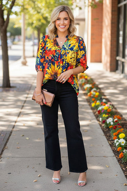 Western floral short sleeve baby doll style women's boutique blouse XCH16663