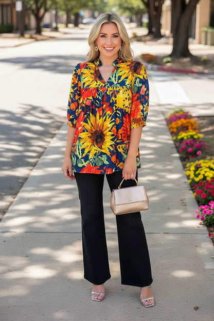 Western floral short sleeve baby doll style women's boutique blouse XCH16663