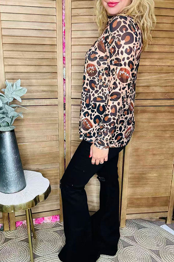 Game day football & leopard sheer mesh long sleeve women top XCH16679
