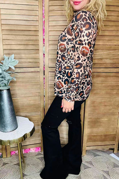 Game day football & leopard sheer mesh long sleeve women top XCH16679