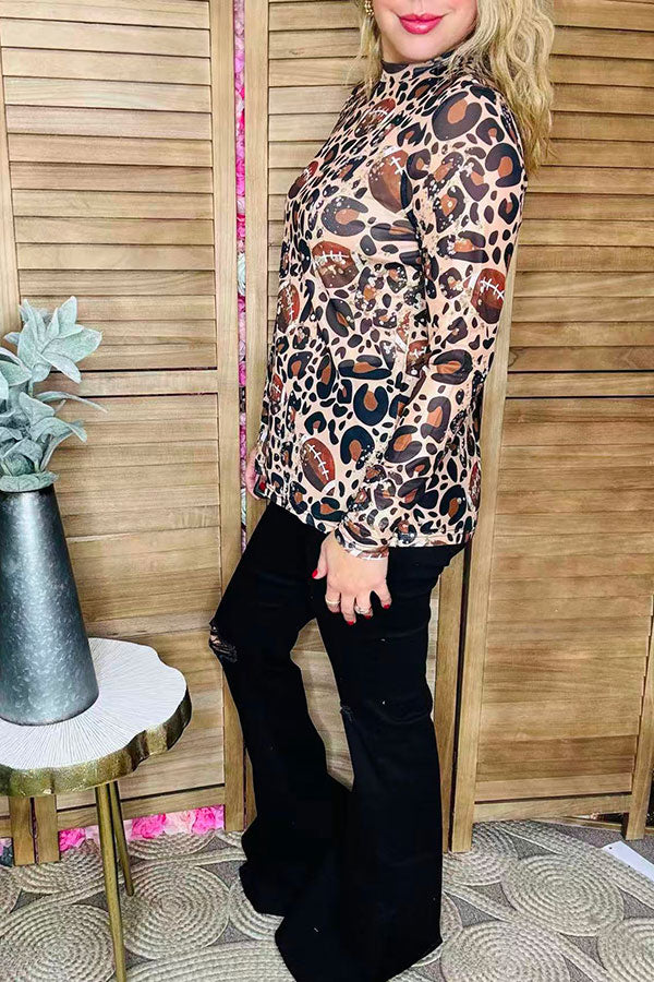 Game day football & leopard sheer mesh long sleeve women top XCH16679