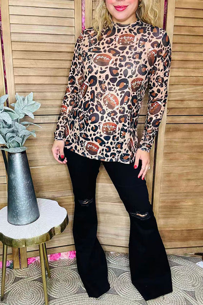 Game day football & leopard sheer mesh long sleeve women top XCH16679