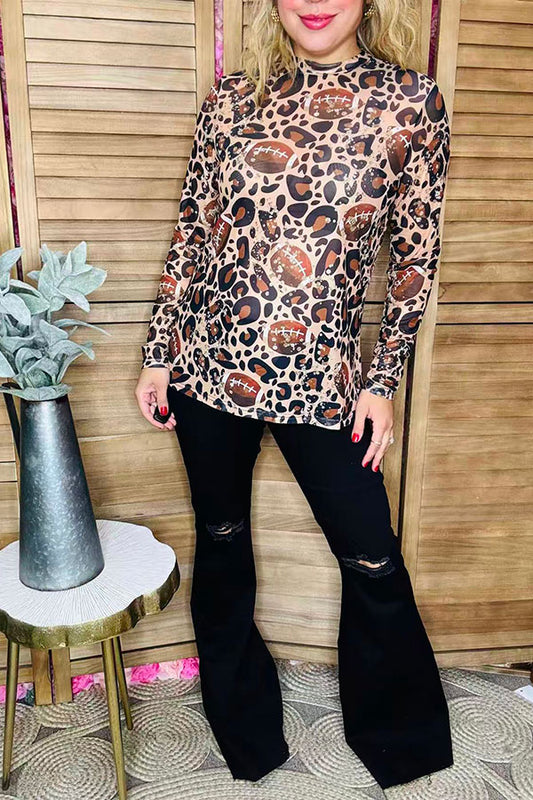 Game day football & leopard sheer mesh long sleeve women top XCH16679
