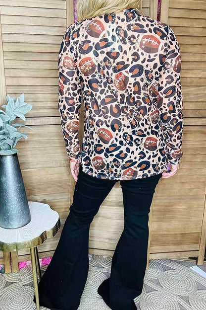 Game day football & leopard sheer mesh long sleeve women top XCH16679