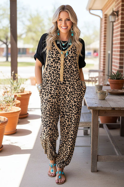 Western leopard women's boutique jumpsuit w/buttons & pocket XCH16716