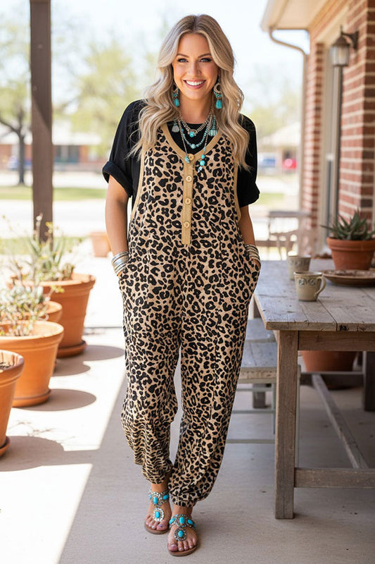 Western leopard women's boutique jumpsuit w/buttons & pocket XCH16716