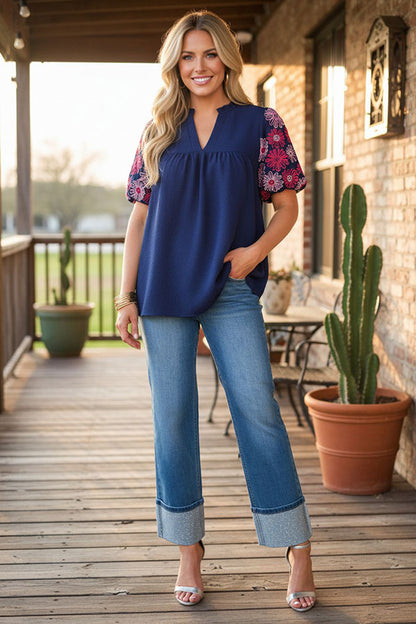 Wetern pink flower embroidery navy blue women's boutique top Southern Stitch XCH16730