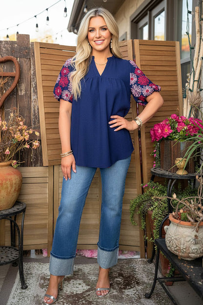 Wetern pink flower embroidery navy blue women's boutique top Southern Stitch XCH16730