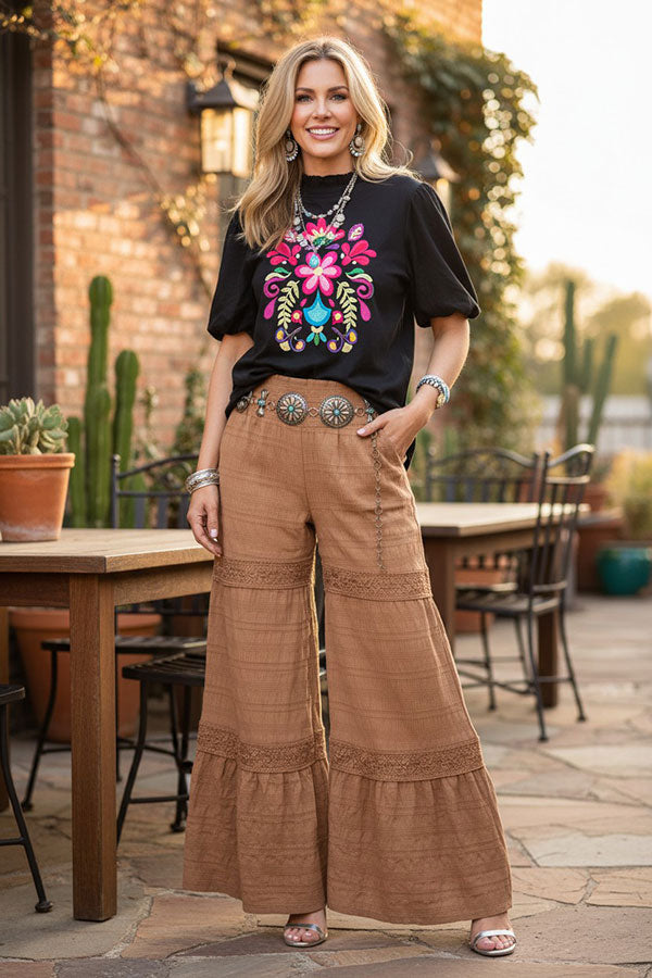 Chic floral embroidery black puff short sleeve women's boutique top XCH16738