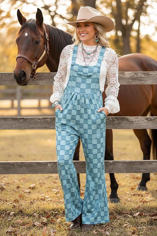 Western blue checkered one piece women‘s boutique jumpsuit XCH16744